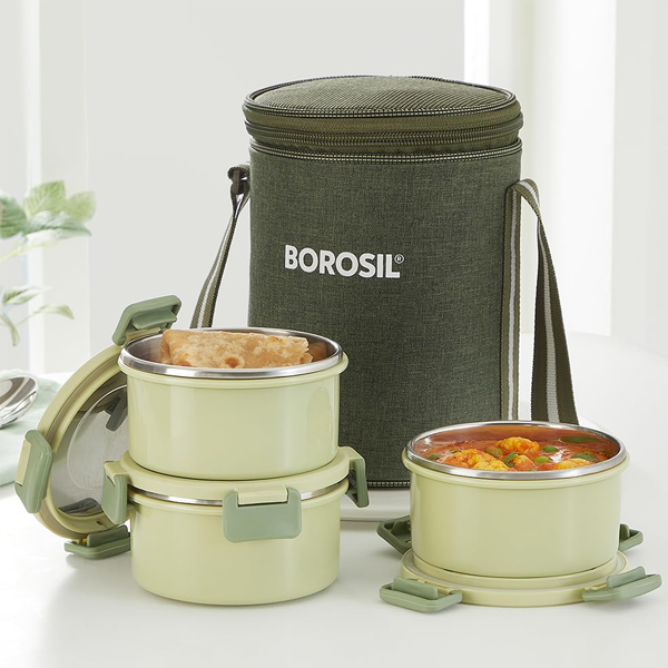 Borosil Glory Round Stainless Steel Lunchbox with Bag, Set of 3 (280 ml Each) (BRSLBSSGLORY3SET280)