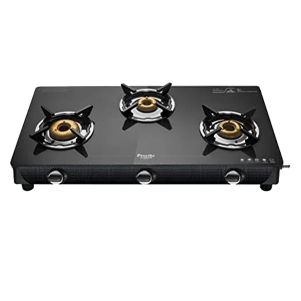 Preethi Valentino 3 burner (ISI Approved) Glass Manual Gas Stove  (3 Burners) (VALENTINOCARBON3B)